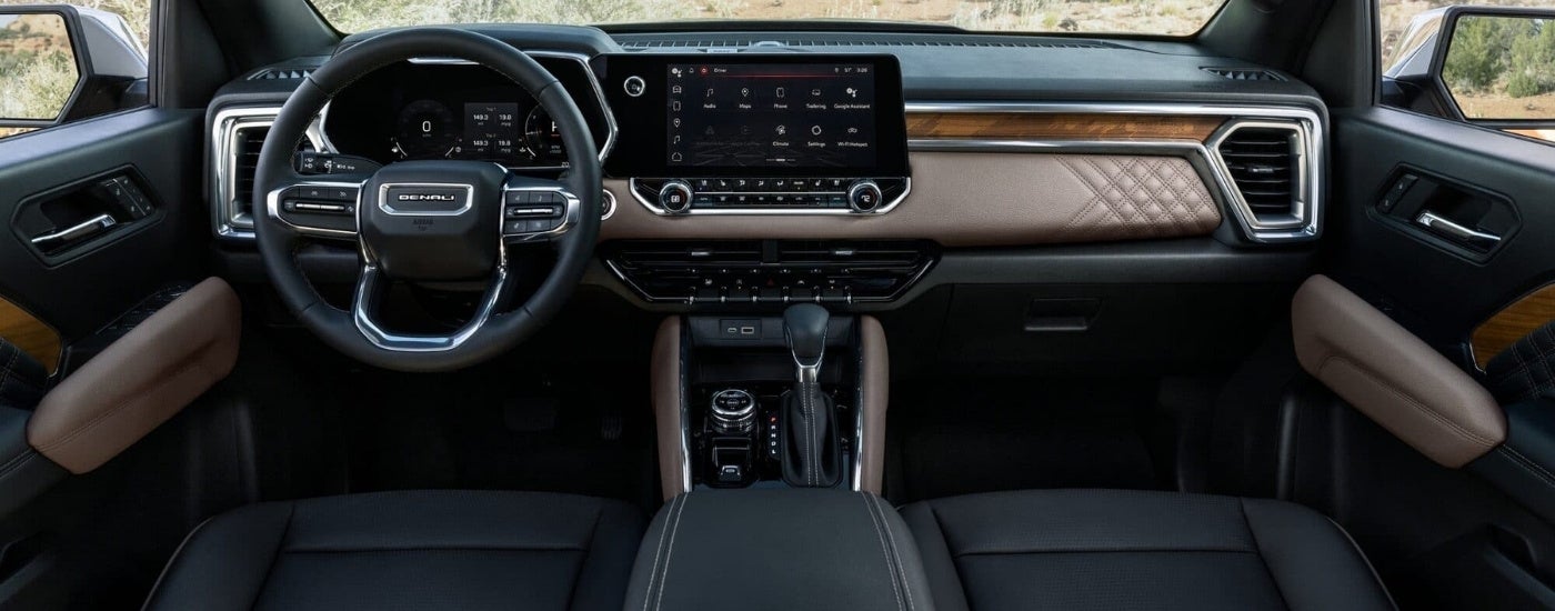 Brown and black interior in a 2023 GMC Canyon Denali