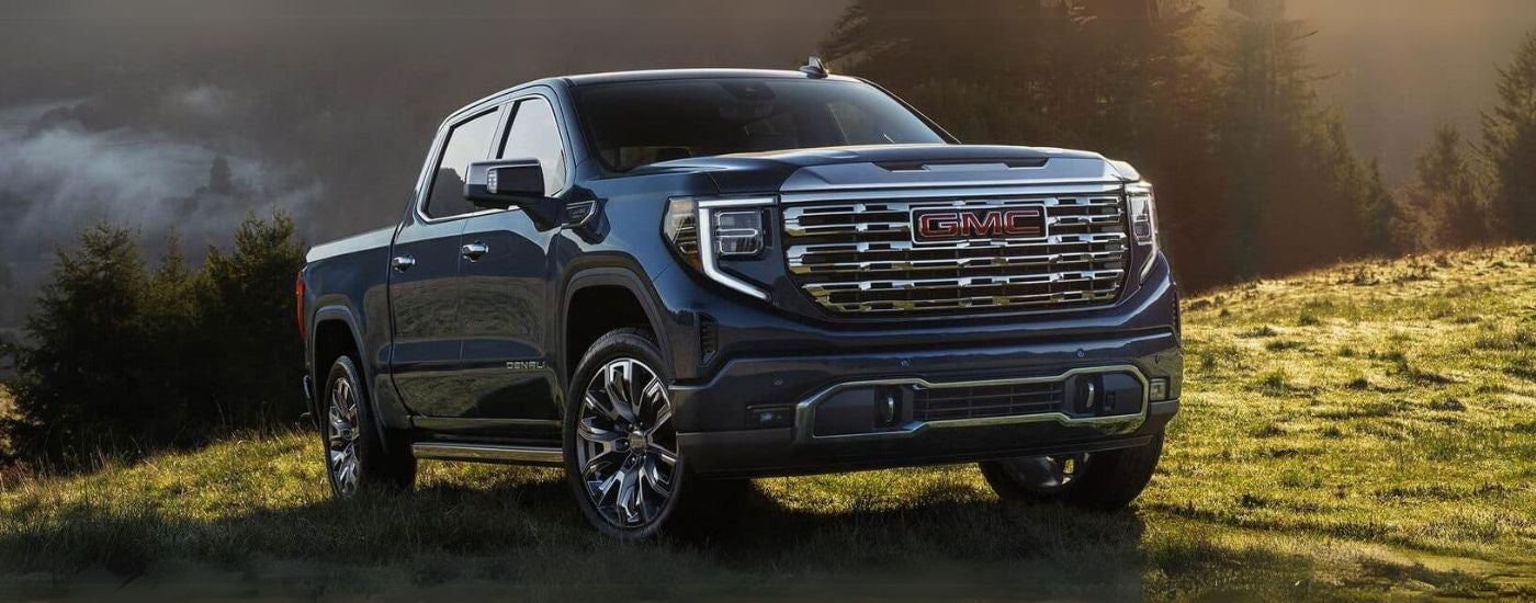 A blue used 2023 GMC Sierra 1500 Denali parked off-road on grass